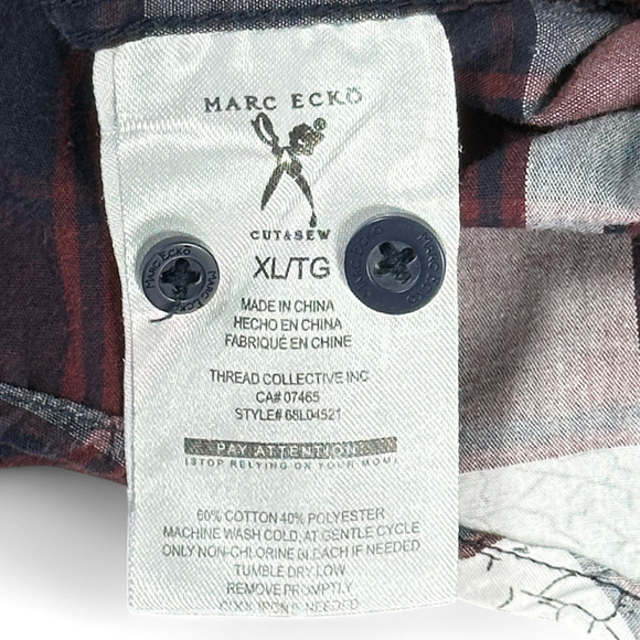 Marc Ecko Shirt Adult EXTRA LARGE Burgundy Blue Cut & Sew Plaid Pockets - Picture 10 of 11